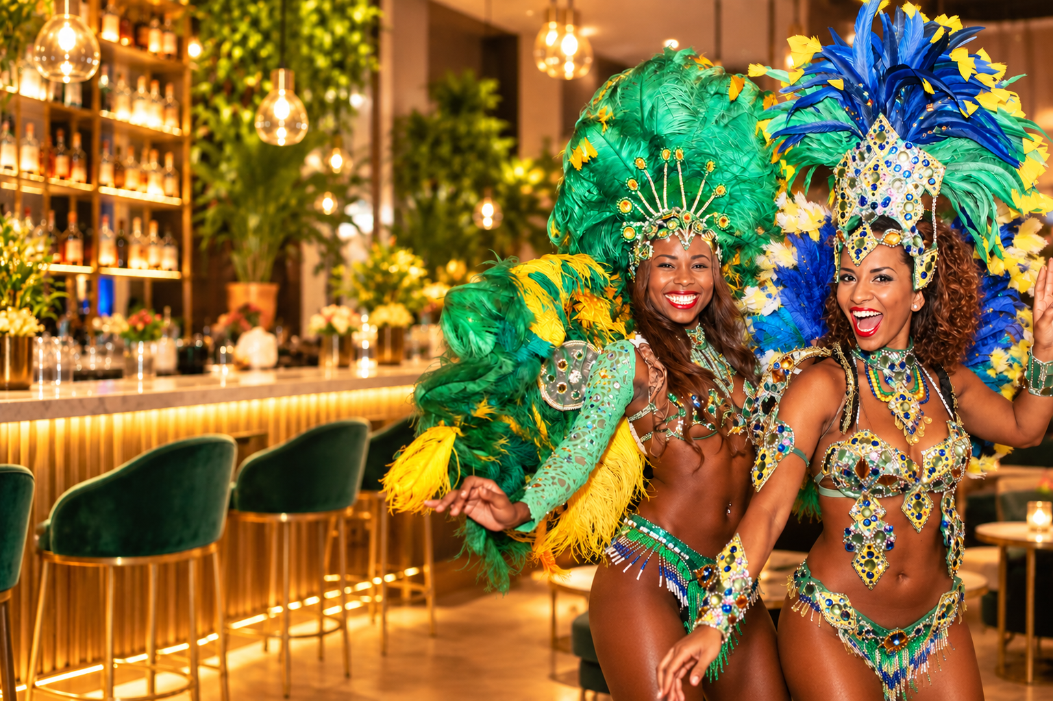 Brasilianische Samba Tänzerinnen mit eleganten Showkostümen in einer luxuriösen Lounge-Bar